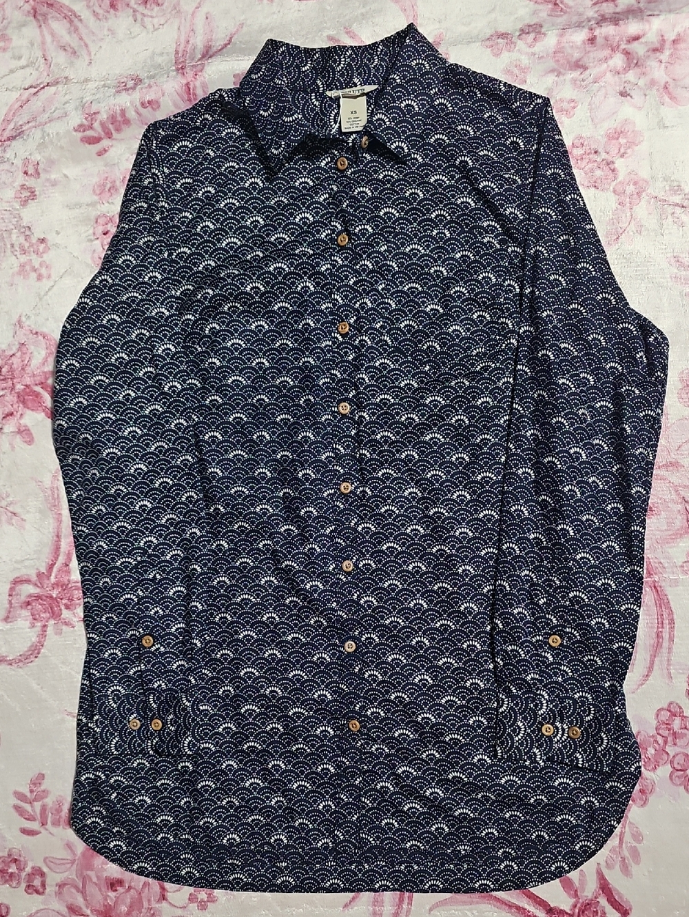 Duluth‎ Trading Co Womens XS Navy Blue Hemp Organic Cotton Fan Print Button Up